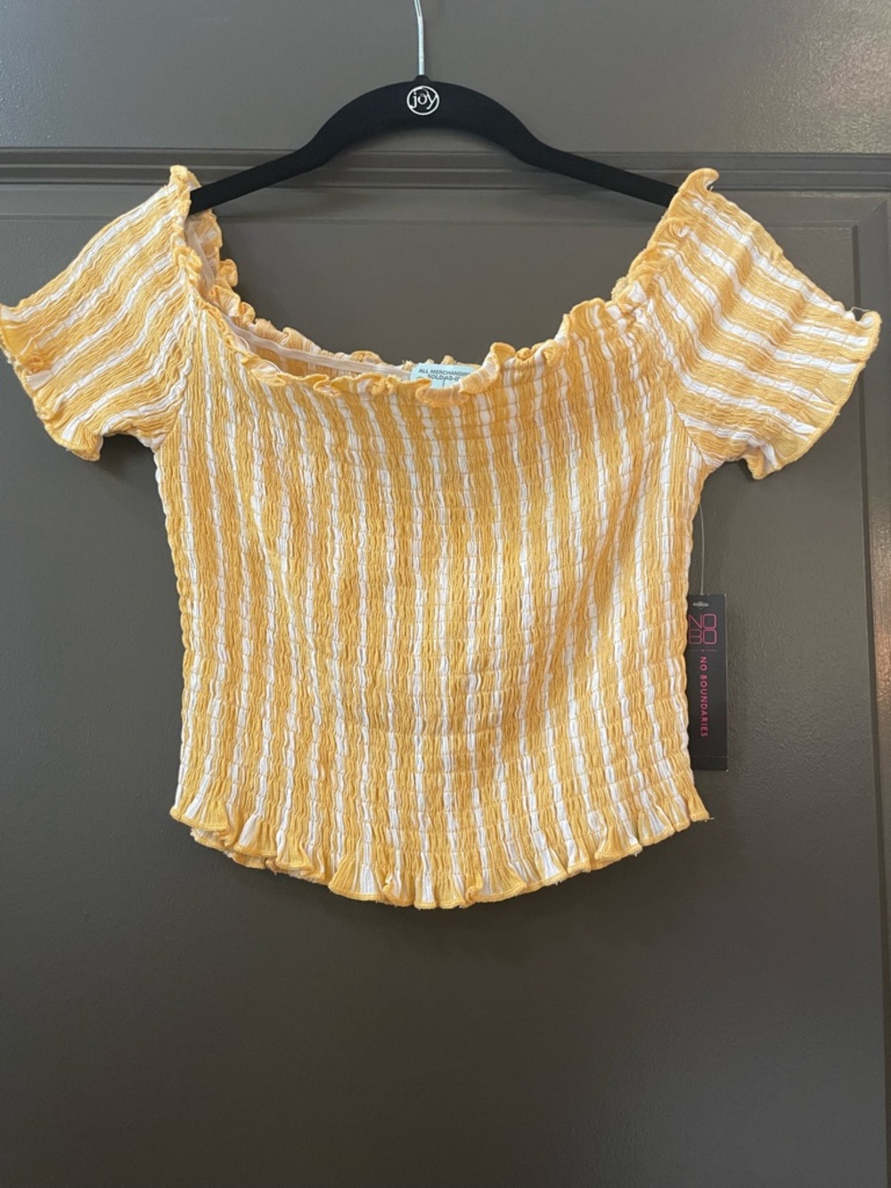 Warm butter Yellow Striped Smocked Off-Shoulder Top NWT rusched ruffles crop S